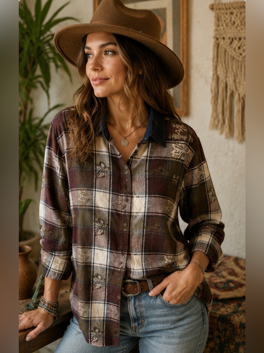 Bobbie Brooks 18W 20W Woodland Brown‎ Plaid Cotton Shirt Boho Cottagecore